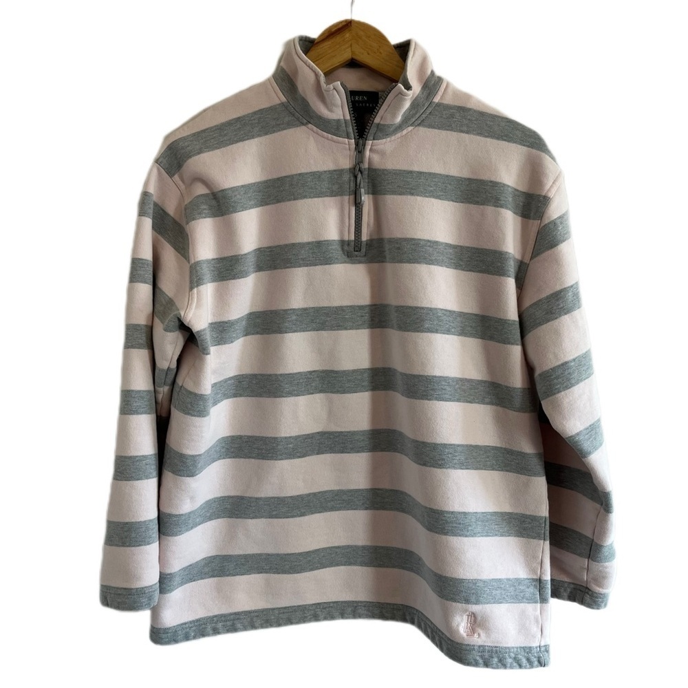 LAUREN Ralph Lauren Women’s Zip Neck Pullover Sweater size S Pink Stripe Cotton